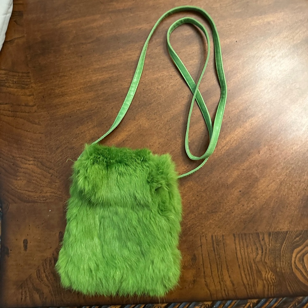 Vintage 1990 United Colors of Benetton 100% rabbit fur leather purse Kelly Green